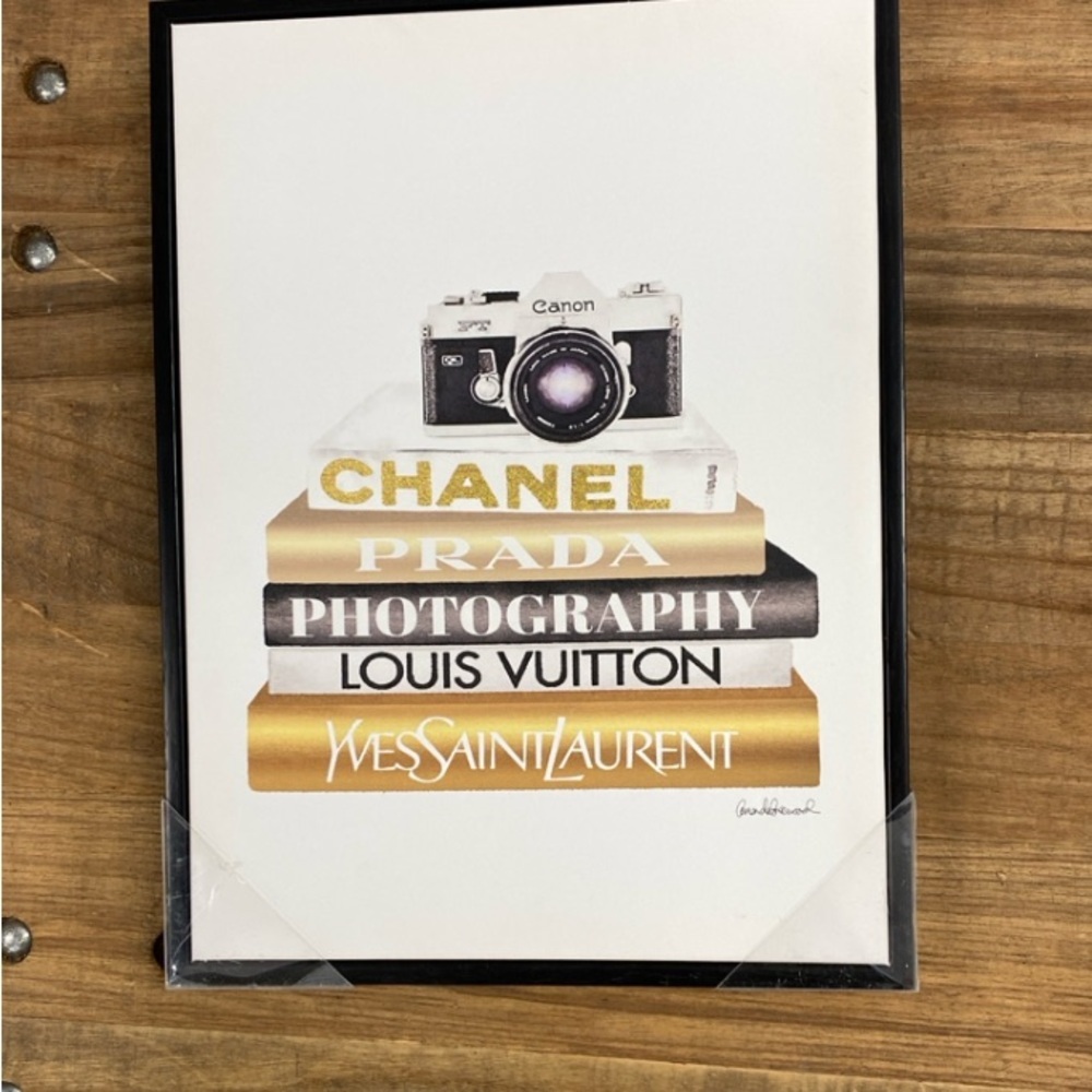 Luxury Camera & Fashion Book Stack Wall Art Print - Gold, Black, White